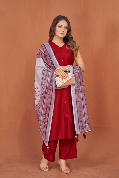 Cherry Red Viscose Kurta Plazzo & Designer Dupatta