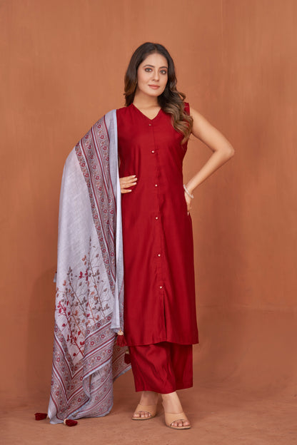 Cherry Red Viscose Kurta Plazzo & Designer Dupatta