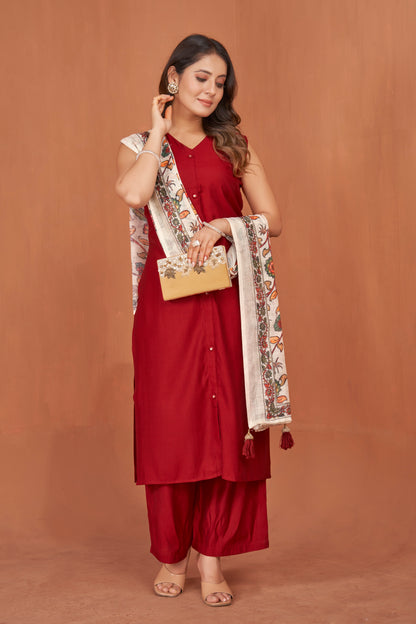 Cherry Red Viscose Kurta Plazzo & Designer Dupatta