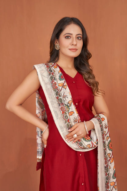 Cherry Red Viscose Kurta Plazzo & Designer Dupatta