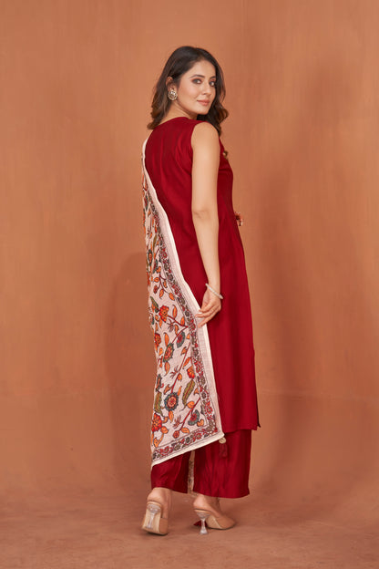 Cherry Red Viscose Kurta Plazzo & Designer Dupatta