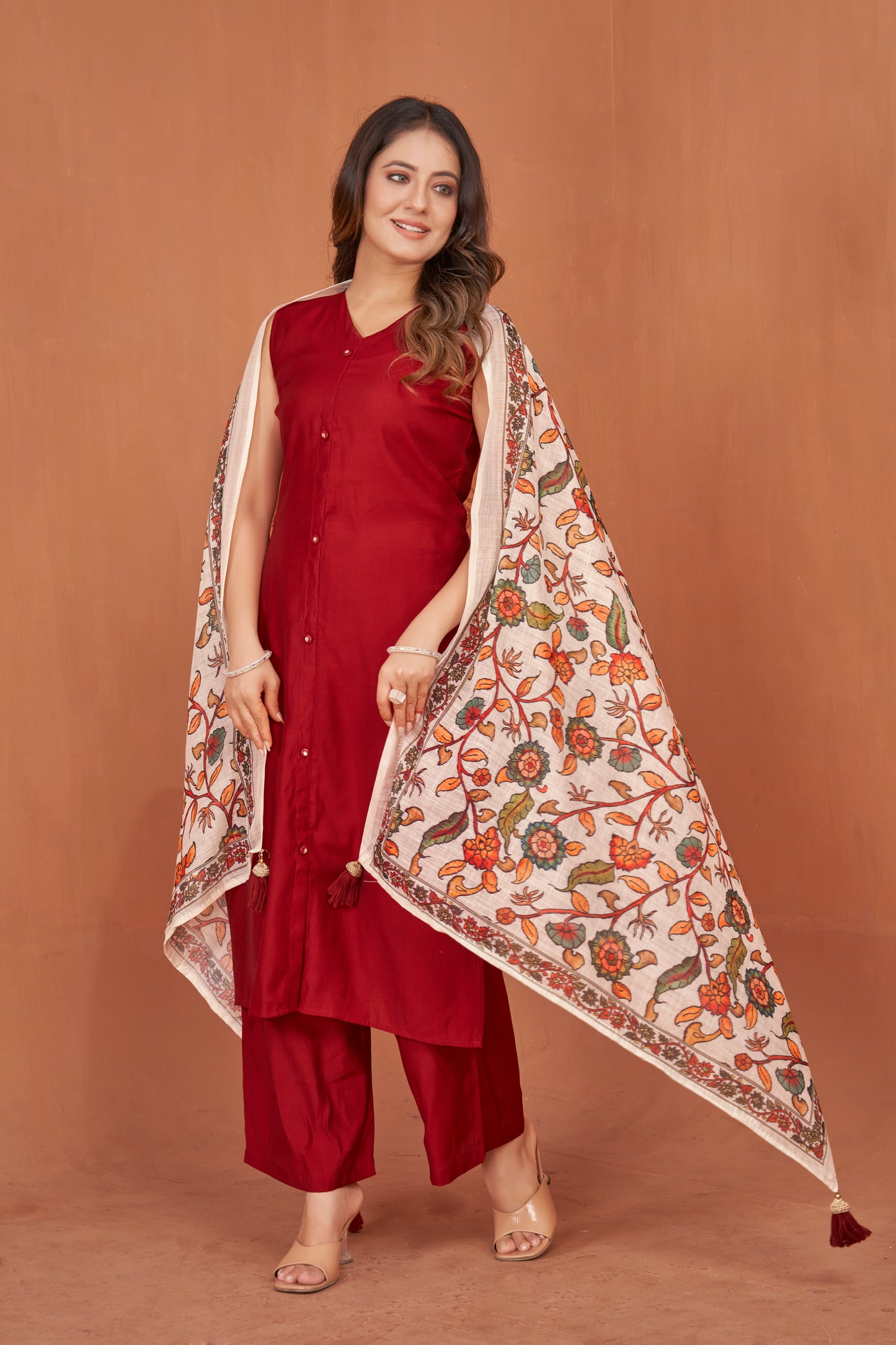 Cherry Red Viscose Kurta Plazzo & Designer Dupatta