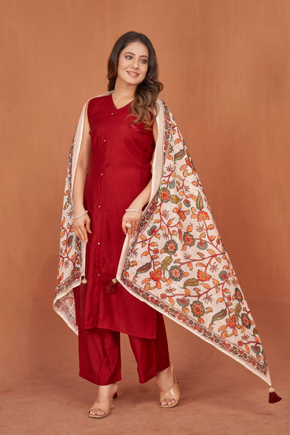 Cherry Red Viscose Kurta Plazzo & Designer Dupatta