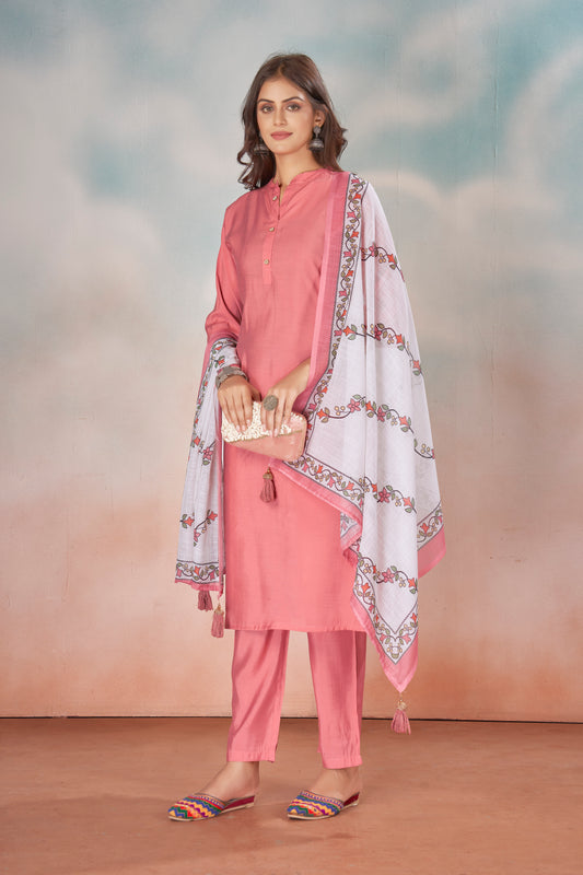 Mandarin Collar Art Silk Straight Kurta with Trousers & Digitally Printed Dupatta