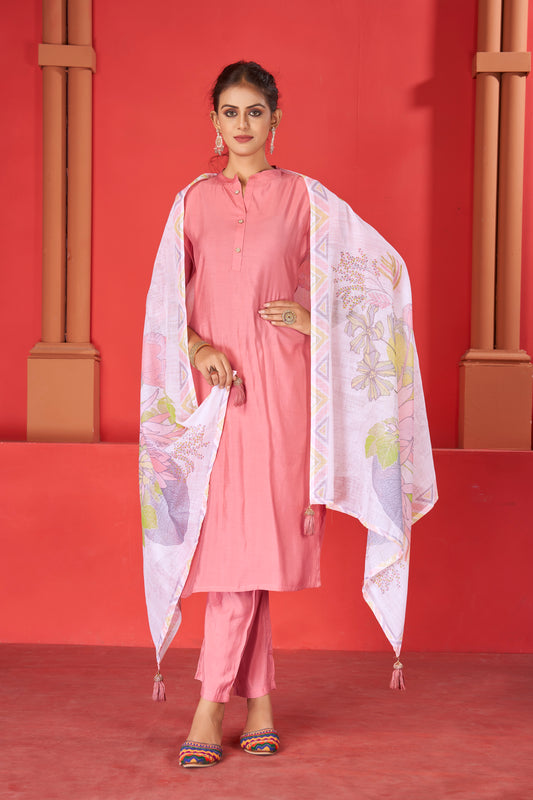 Mandarin Collar Art Silk Straight Kurta with Trousers & Digitally Printed Dupatta