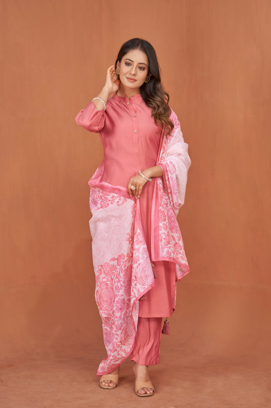 Mandarin Collar Art Silk Straight Kurta with Trousers & Digitally Printed Dupatta