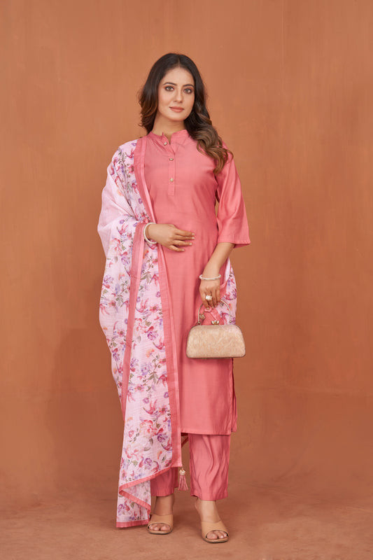 Mandarin Collar Art Silk Straight Kurta with Trousers & Digitally Printed Dupatta