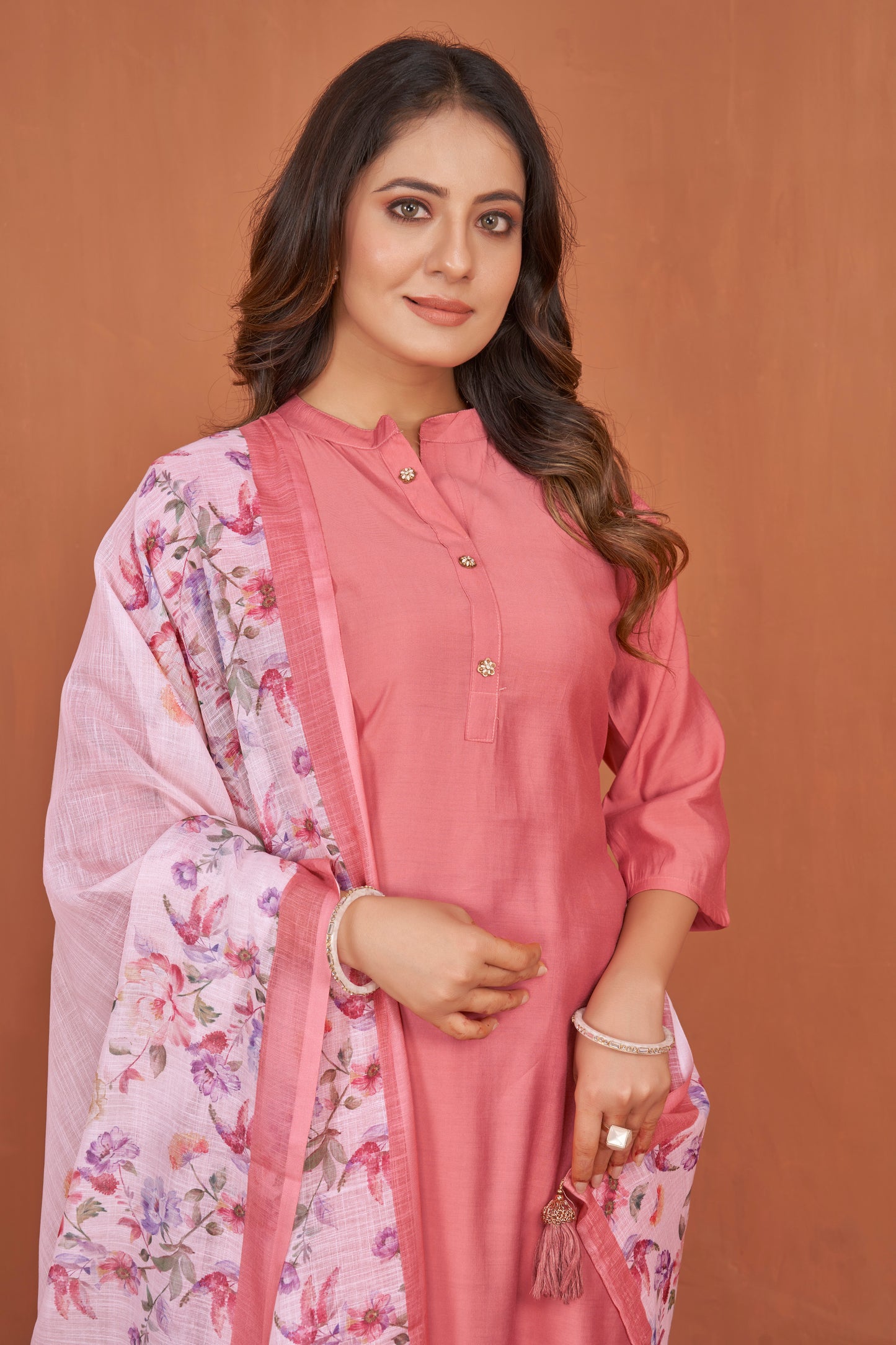 Mandarin Collar Art Silk Straight Kurta with Trousers & Digitally Printed Dupatta