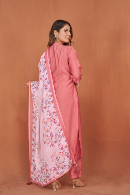 Mandarin Collar Art Silk Straight Kurta with Trousers & Digitally Printed Dupatta