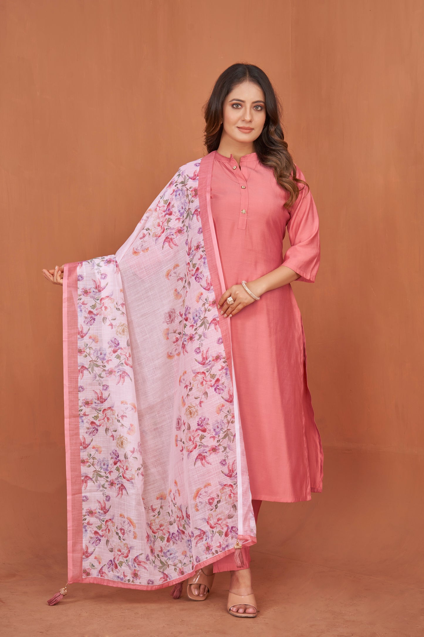 Mandarin Collar Art Silk Straight Kurta with Trousers & Digitally Printed Dupatta