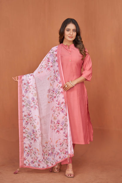Mandarin Collar Art Silk Straight Kurta with Trousers & Digitally Printed Dupatta