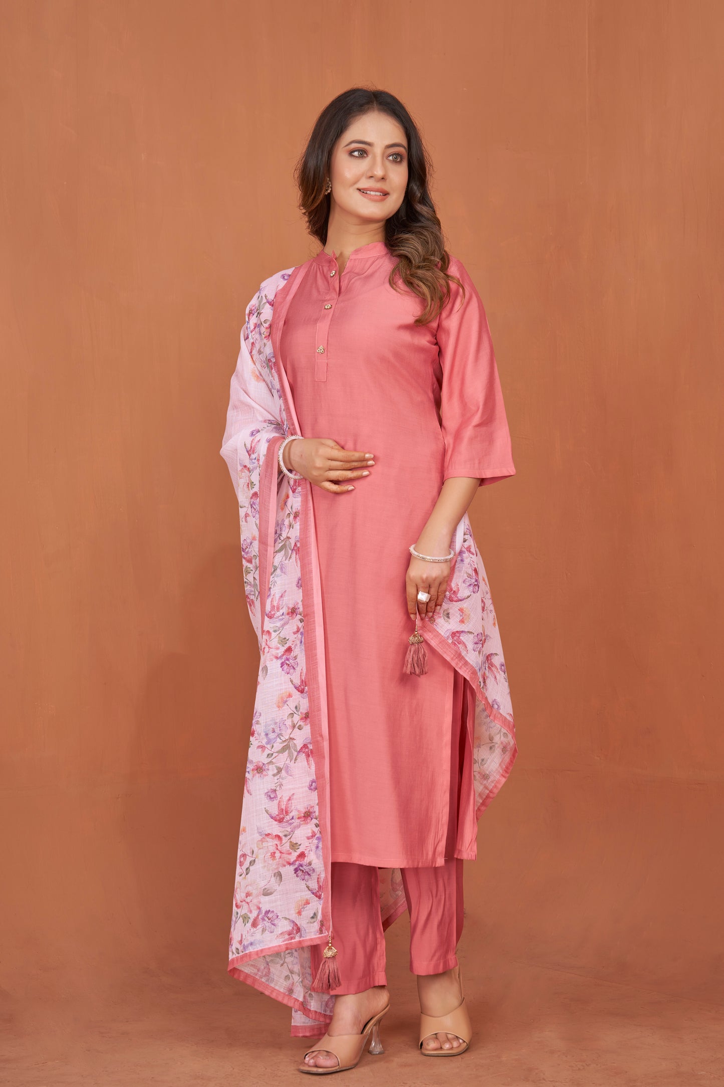 Mandarin Collar Art Silk Straight Kurta with Trousers & Digitally Printed Dupatta