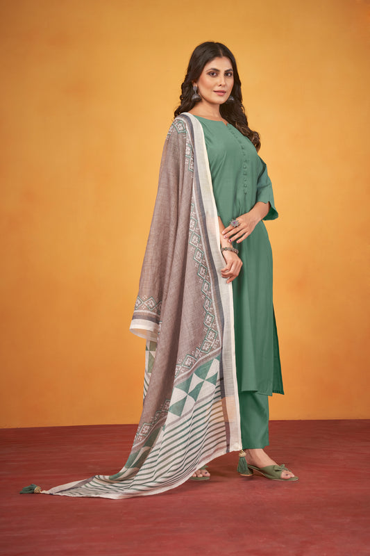 Art Silk Teal Kurta with Trousers & Digitally Printed Linen Dupatta