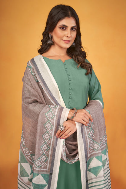 Art Silk Teal Kurta with Trousers & Digitally Printed Linen Dupatta