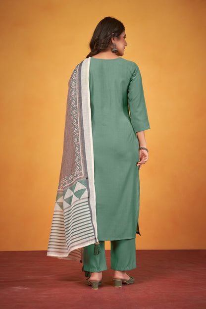 Art Silk Teal Kurta with Trousers & Digitally Printed Linen Dupatta