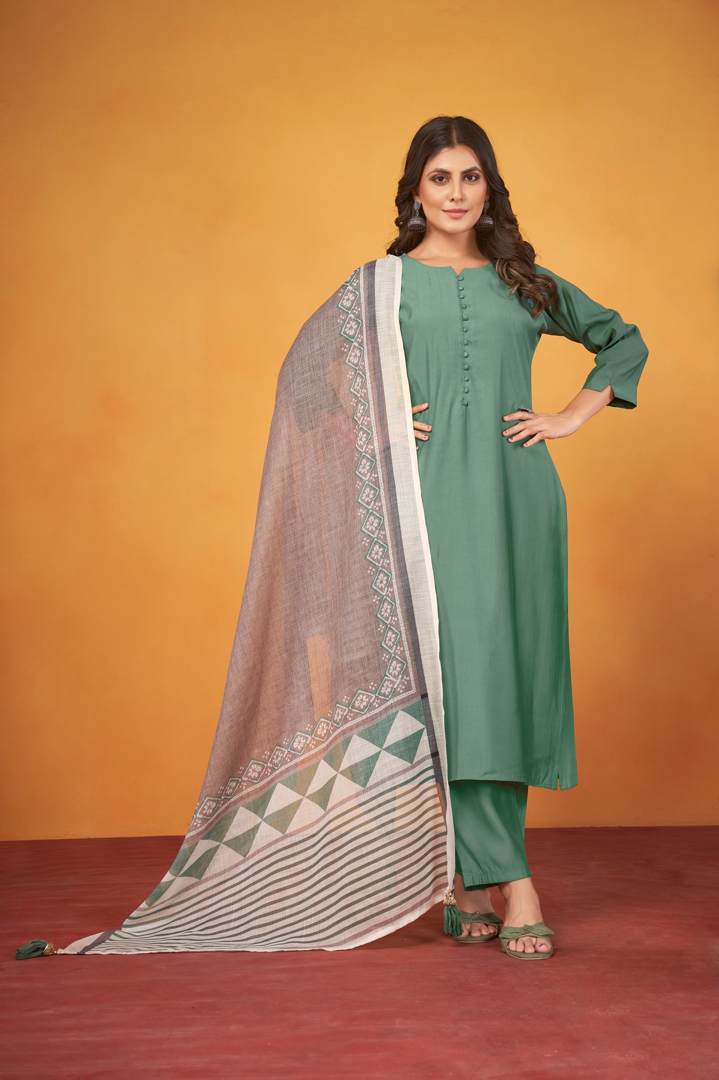 Art Silk Teal Kurta with Trousers & Digitally Printed Linen Dupatta