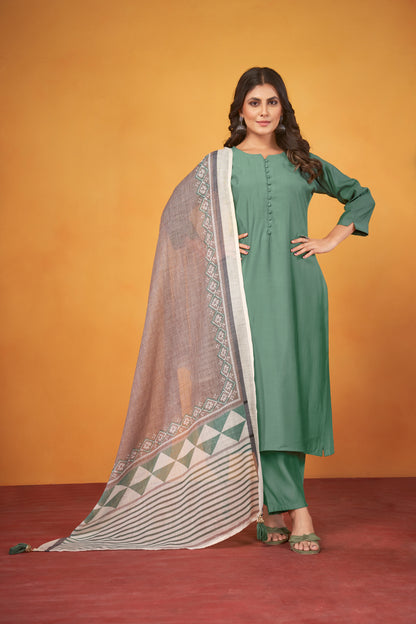 Art Silk Teal Kurta with Trousers & Digitally Printed Linen Dupatta