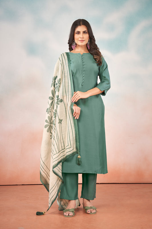 Art Silk Teal Kurta with Trousers & Digitally Printed Linen Dupatta