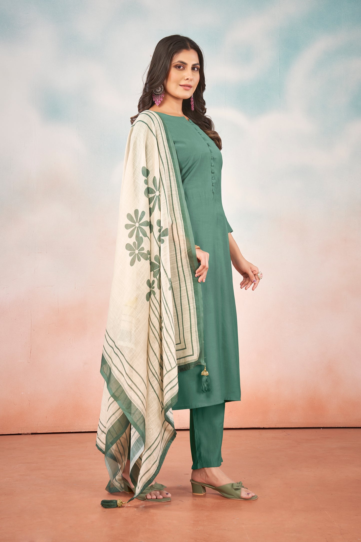 Art Silk Teal Kurta with Trousers & Digitally Printed Linen Dupatta