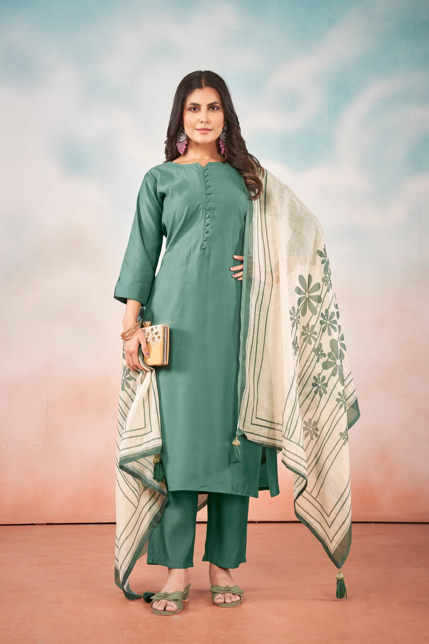 Art Silk Teal Kurta with Trousers & Digitally Printed Linen Dupatta