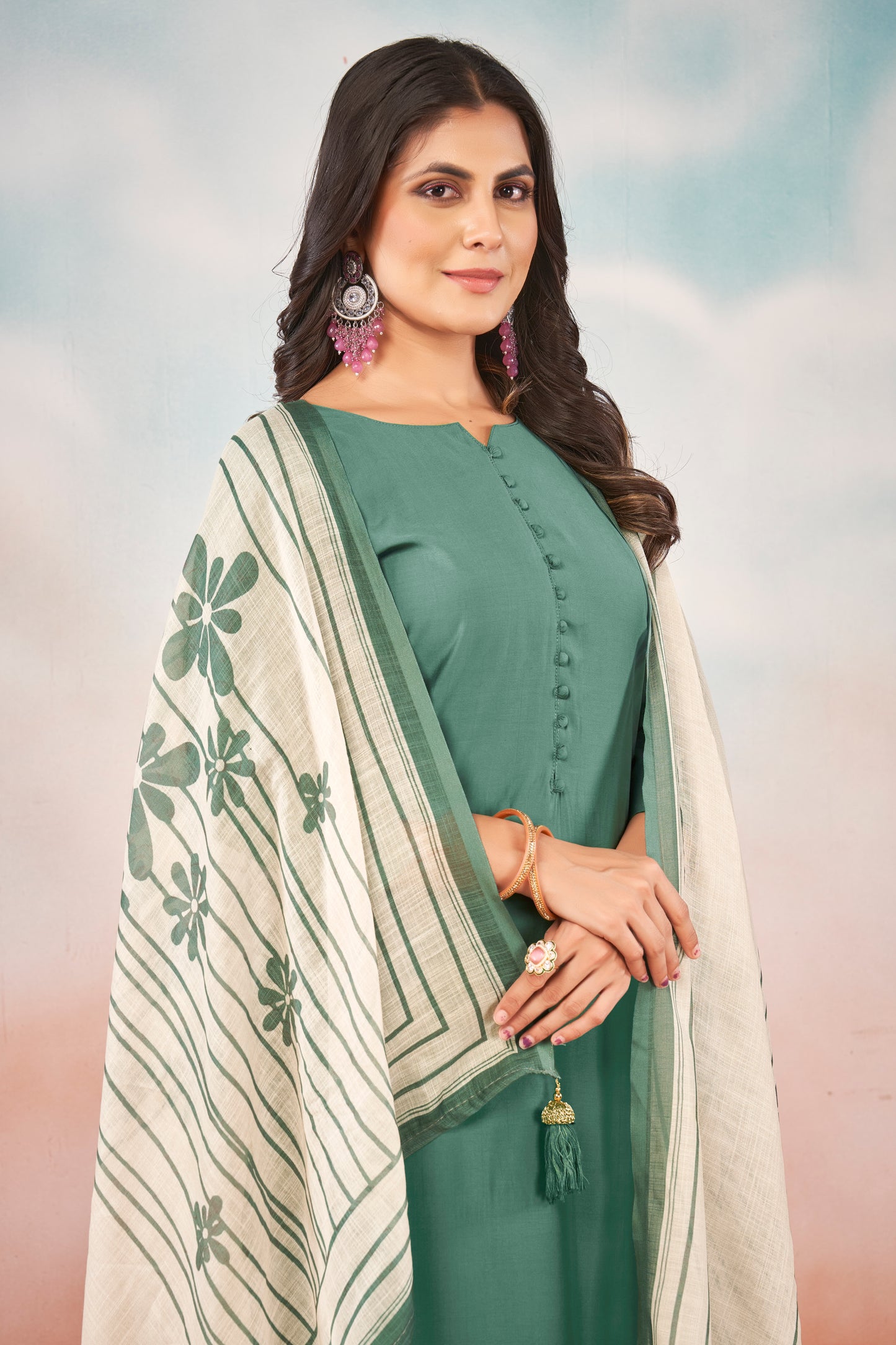Art Silk Teal Kurta with Trousers & Digitally Printed Linen Dupatta