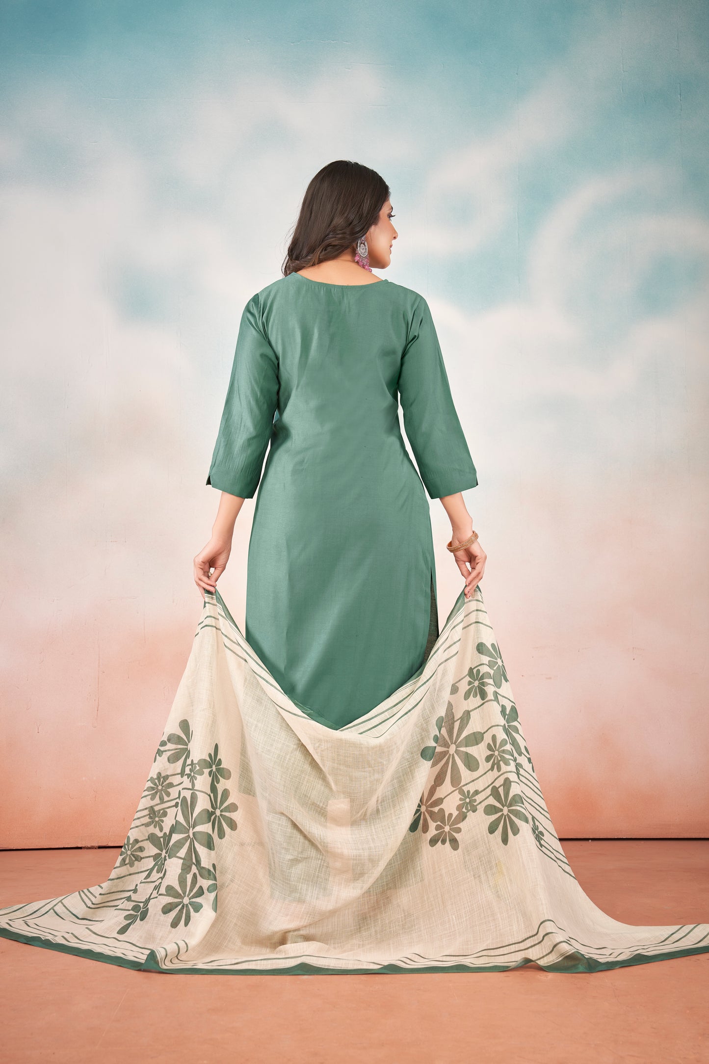Art Silk Teal Kurta with Trousers & Digitally Printed Linen Dupatta
