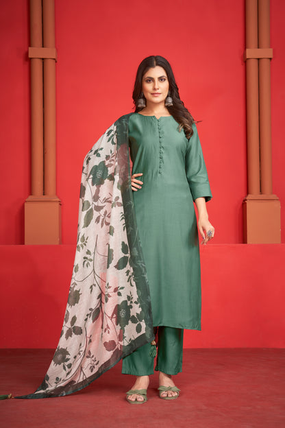 Art Silk Teal Kurta with Trousers & Digitally Printed Linen Dupatta