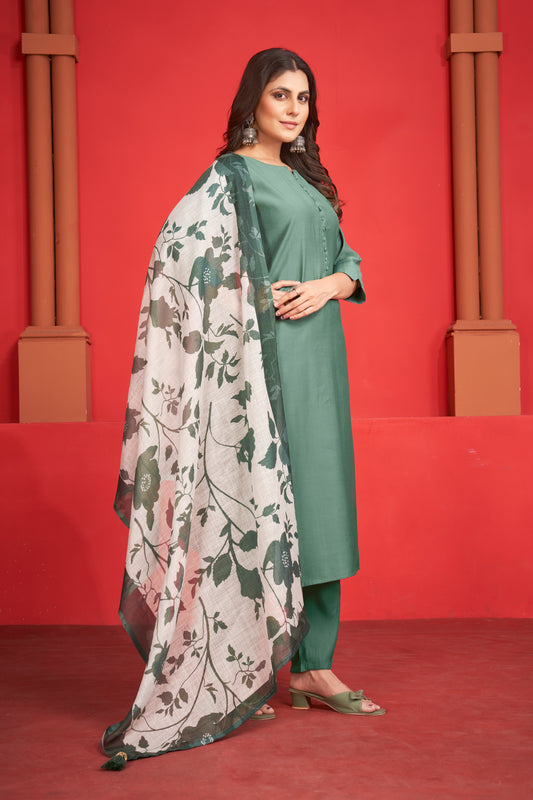Art Silk Teal Kurta with Trousers & Digitally Printed Linen Dupatta