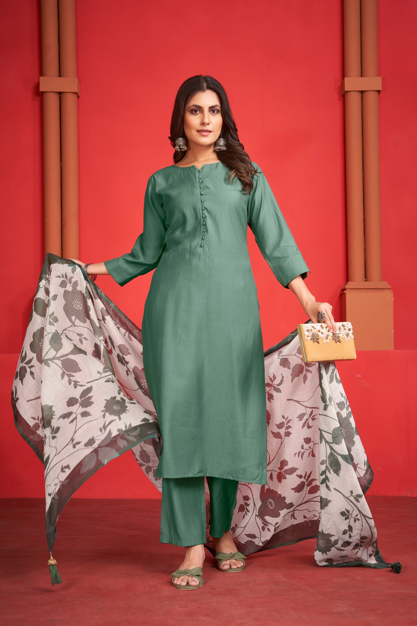 Art Silk Teal Kurta with Trousers & Digitally Printed Linen Dupatta