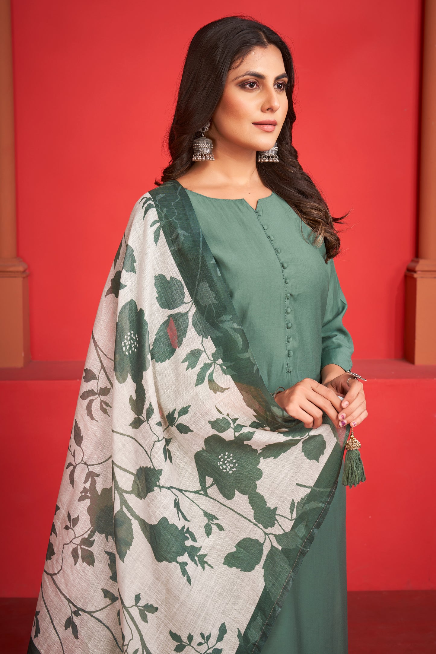 Art Silk Teal Kurta with Trousers & Digitally Printed Linen Dupatta