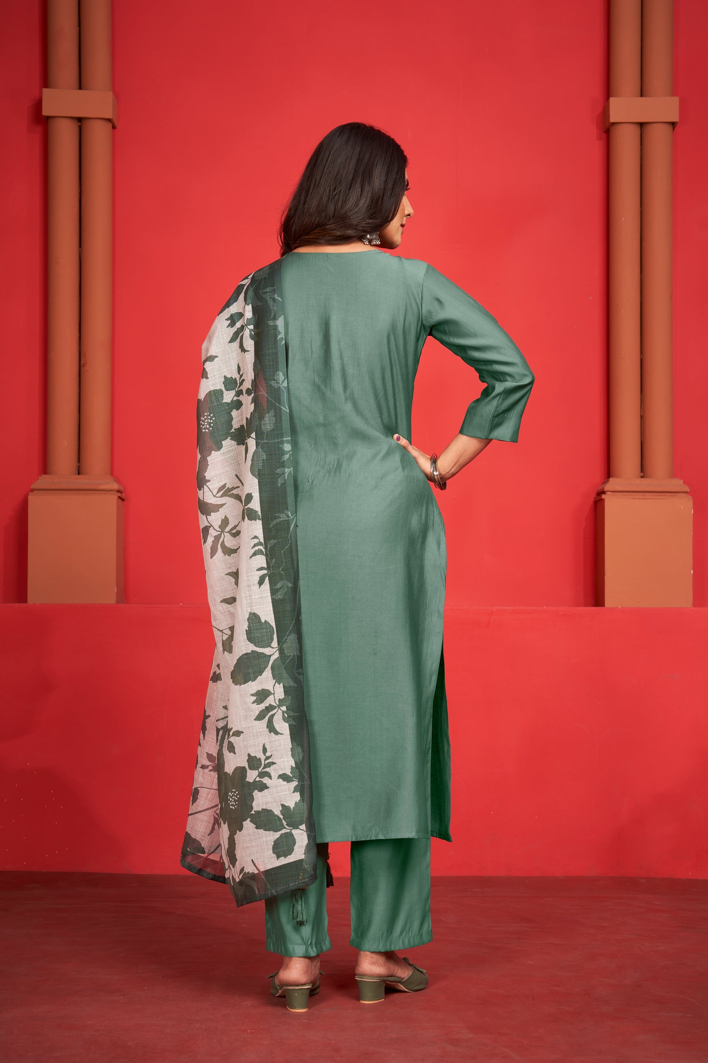 Art Silk Teal Kurta with Trousers & Digitally Printed Linen Dupatta