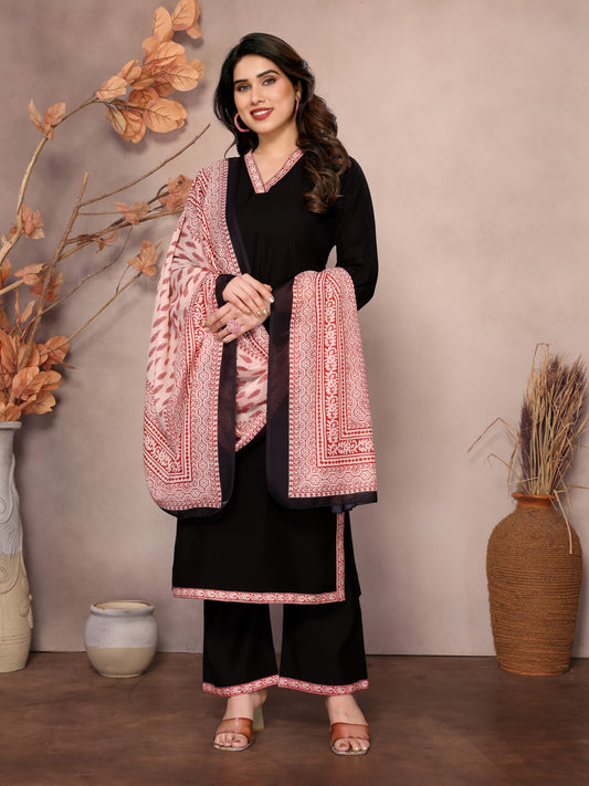 Nova Silk V-neck Black Kurta pant & Digitally Printed mal mal Dupatta