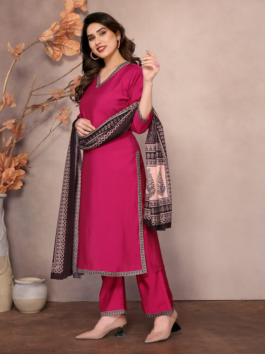 Nova Silk V-neck fusia pink Kurta pant & Digitally Printed mal mal Dupatta
