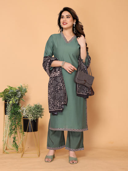 Nova Silk V-neck Teal green Kurta pant & Digitally Printed mal mal Dupatta