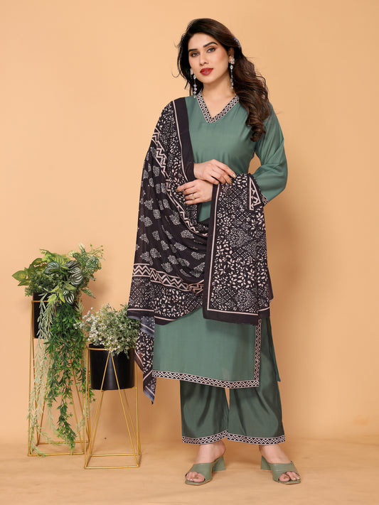Nova Silk V-neck Teal green Kurta pant & Digitally Printed mal mal Dupatta