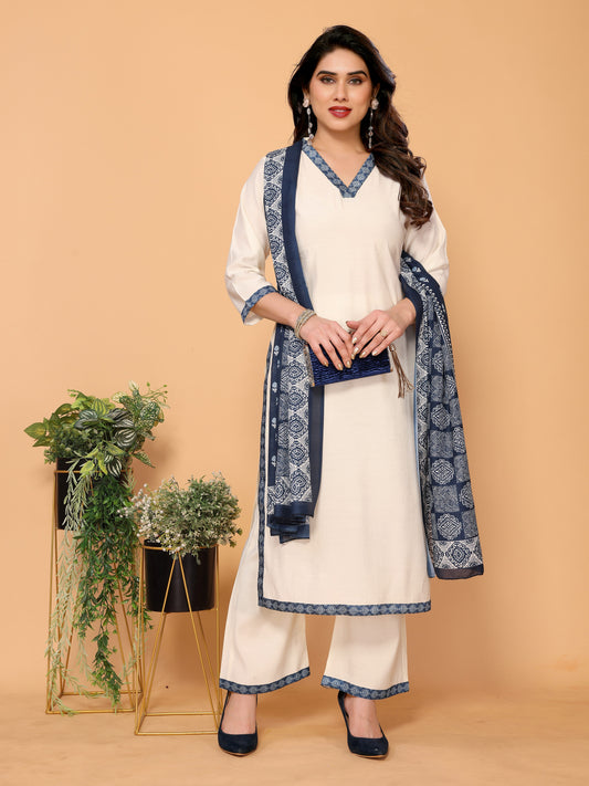 Nova Silk V-neck off white Kurta pant & Digitally Printed mal mal Dupatta