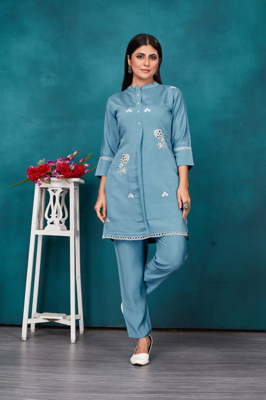 peacock Blue Viscose Borer embroidered co-ord's