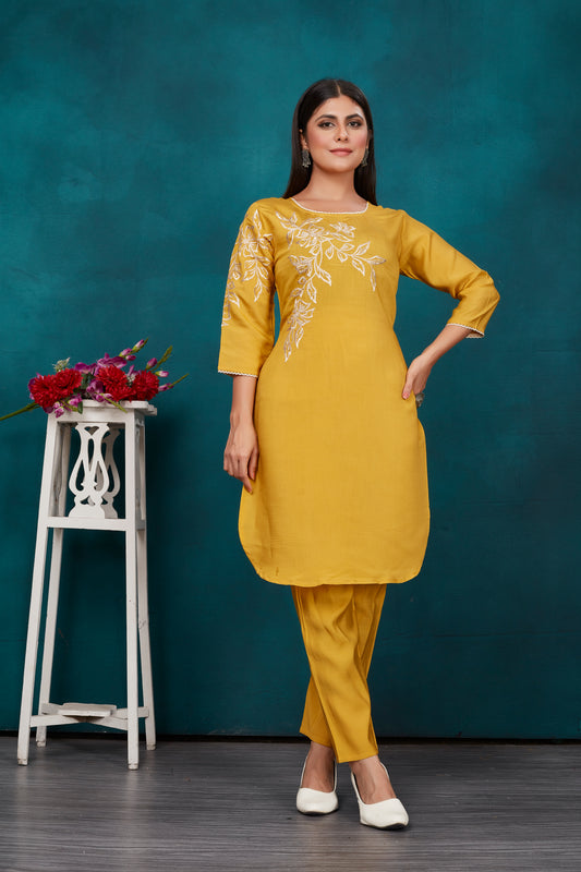 Yellow Viscose embroidered co-ord's