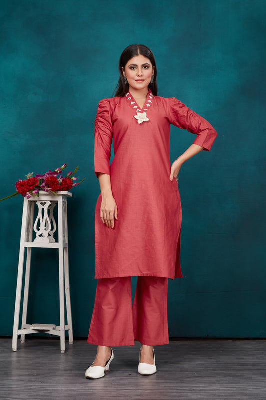 Cotton Flex Embroidered Kurta With Tonal Pant