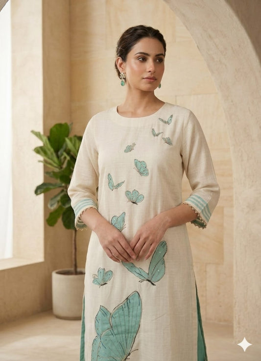 Beige Linen Printed Butterfly Kurta Pant & Dupatta Set