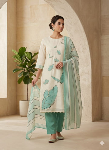 Beige Linen Printed Butterfly Kurta Pant & Dupatta Set