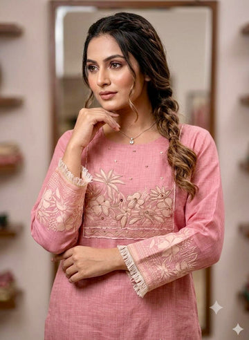 Petal Pink Linen Printed Kurta Pant & Dupatta Set