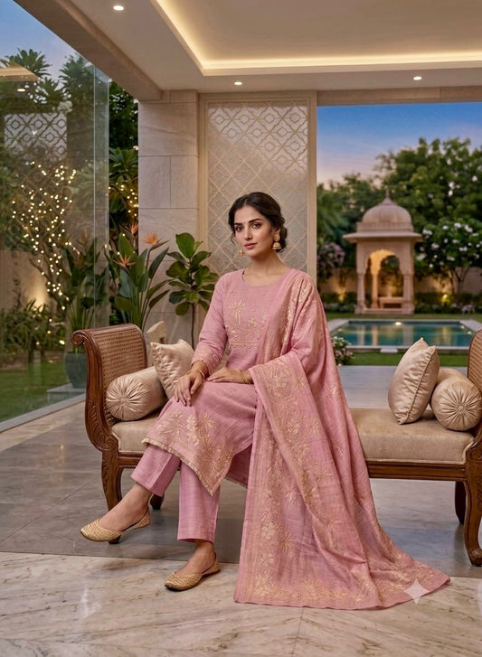 Petal Pink Linen Printed Kurta Pant & Dupatta Set