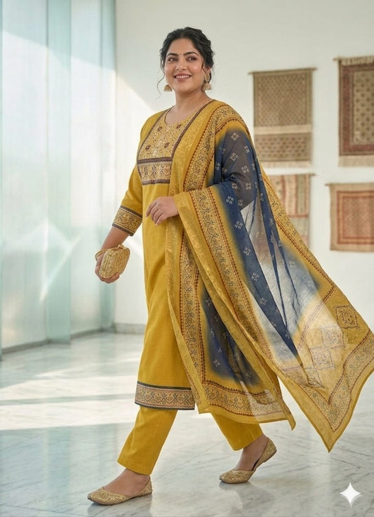 MINGORA YELLOW LINEN KURTA SET WITH DUPATTA