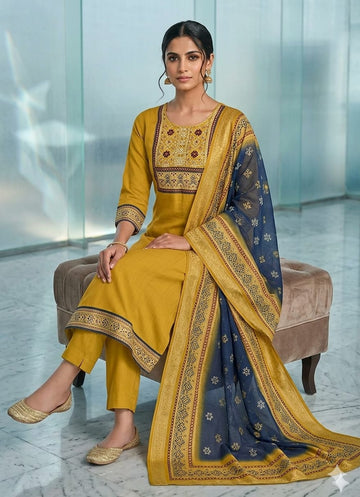 MINGORA YELLOW LINEN KURTA SET WITH DUPATTA