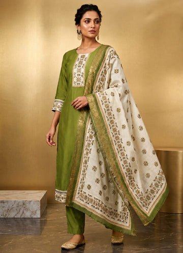 MINGORA MEHENDI LINEN KURTA SET WITH DUPATTA