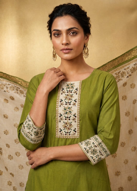 MINGORA MEHENDI LINEN KURTA SET WITH DUPATTA
