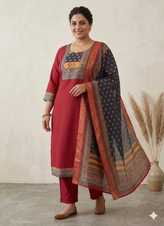 MINGORA RED LINEN KURTA SET WITH DUPATTA