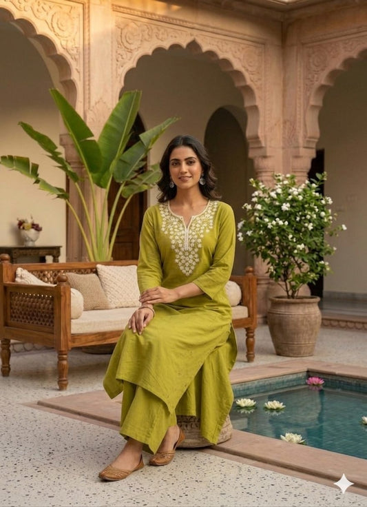 MINGORA COTTON MEHNDI KURTA SET