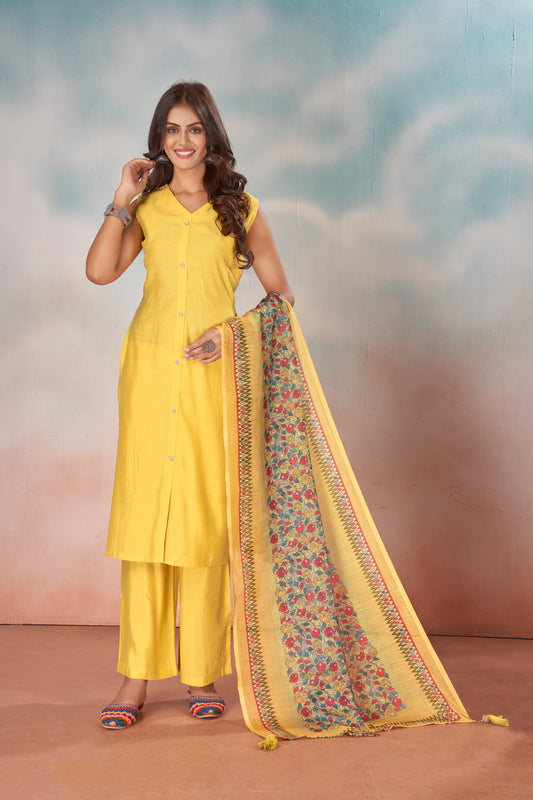 yellow Viscose Kurta Plazzo & Designer Dupatta